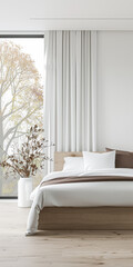 Modern bedroom interiors composition with a bed next to a large window and neutral colors. Apartment resting spaces with copy space.