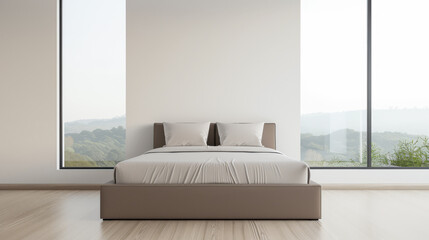 Modern bedroom interiors composition with a bed next to a large window and neutral colors. Apartment resting spaces with copy space.
