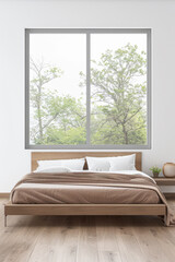 Obraz premium Modern bedroom interiors composition with a bed next to a large window and neutral colors. Apartment resting spaces with copy space.