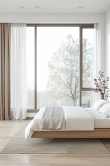 Modern bedroom interiors composition with a bed next to a large window and neutral colors. Apartment resting spaces with copy space.