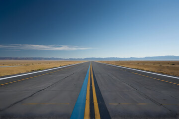 A landscape of an empty runway with a blue sky