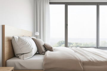 Modern bedroom interiors composition with a bed next to a large window and neutral colors. Apartment resting spaces with copy space.