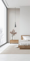 Modern bedroom interiors composition with a bed next to a large window and neutral colors. Apartment resting spaces with copy space.