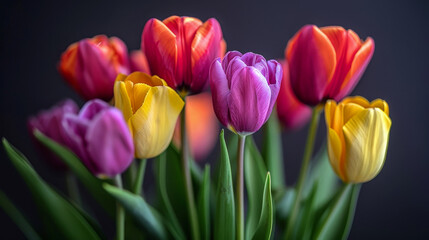 Fototapeta premium Vibrant bouquet of tulips is standing in a vase, showcasing a variety of colors