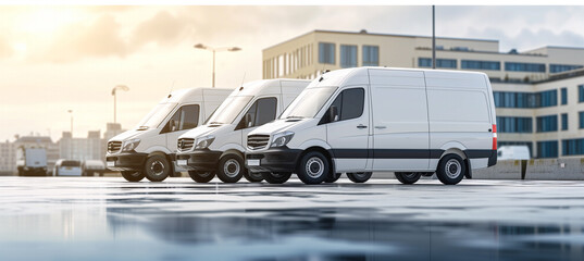 A fleet of shiny white delivery vans, complete with company logos, is lined up and ready for efficient and timely deliveries, parked in a storage lot on a sunny day.