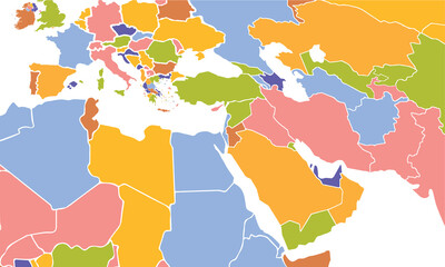 Middle East map with individual colors,isolated on white background for website layouts,background,education, precise,customizable,Travel worldwide,map silhouette backdrop,earth geography, political.