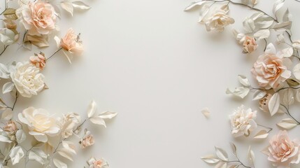 Create a romantic leaf frame adorned with delicate floral accents and soft pastel leaves, all set against a pure white background. 