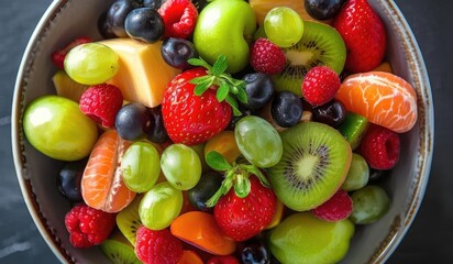Obraz premium A vibrant bowl of fresh assorted fruits including grapes, kiwi, strawberries, and more, perfect for a healthy snack.