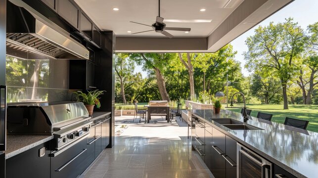 Luxury Outdoor Kitchen with Modern Appliances and Garden View