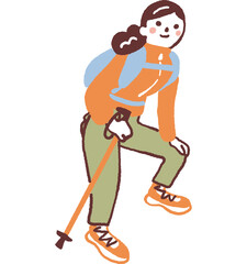 登山姿の若い女性　山ガール　ストックイラスト素材　
