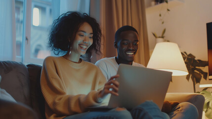 A multiracial couple sitting on a comfortable sofa at home, smiling and happily using a laptop while sharing quality time together in their cozy living room environment.