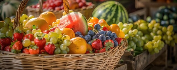 A vibrant display of fresh fruits including strawberries, grapes, and oranges in a wicker basket at an outdoor market.