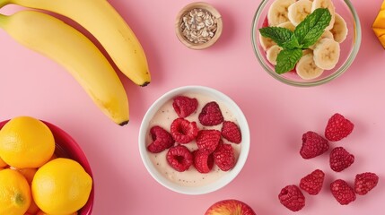 Naklejka premium Fresh Fruit and Yogurt Flatlay on Pink Background