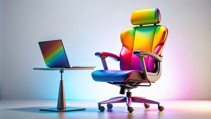 A colorful, ergonomic chair with a vibrant rainbow hue takes center stage, paired with a laptop and virtual reality headset, set against a clean, minimalist white background.
