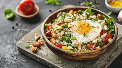 Fresh Couscous Salad with Fried Egg and Vegetables