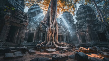Obraz premium Majestic Ancient Temple Overgrown with Nature from Low Angle View