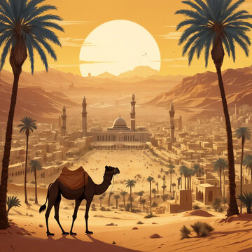 ai images islamic arabic mecca view desert and camel background