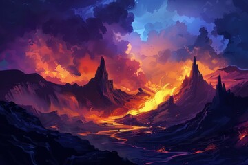 Molten rock flows through a volcanic landscape with dark rock formations and a stormy sky