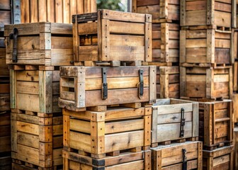 Rustic wooden crate dividers stand empty, awaiting handcrafted treasures, with worn slats and rustic hinges, evoking a sense of vintage, artisanal, and earthy charm.