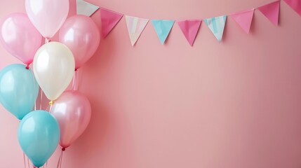 A birthday banner hanging on a wall with balloons