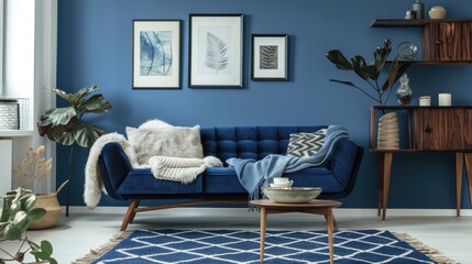 Vintage blue room with wooden decor and navy couch