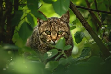 A charming image of a European wildcat stealthily moving through a dense forest underbrush.