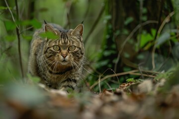 A charming image of a European wildcat stealthily moving through a dense forest underbrush.