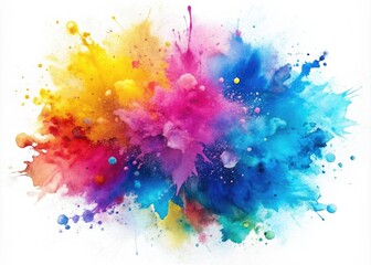 Vibrant abstract watercolor splatter featuring a mesmerizing mix of blues, pinks, yellows, and purples, isolated on a pristine white background, perfect for artistic designs.