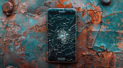 Cracked Smartphone Screen on Rustic, Textured Surface