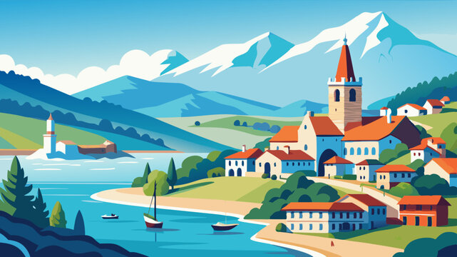 mountain village in the mountains castle in the mountains Zuiza paisajes  church, mountain, landscape, alps, europe, lake, austria, town, travel, nature, architecture, sky, building, water, tower, vil