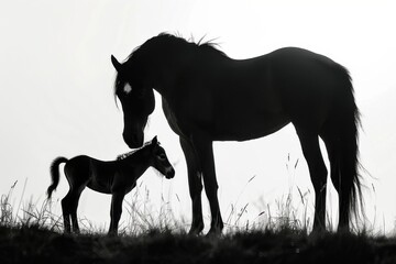 Majestic silhouettes of a horse and its foal bonding under the moonlight