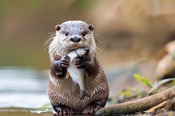 Fototapeta premium A close-up of a European otter holding a fish in its paws, sitting on a riverbank. 