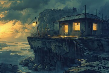 Small cabin on a cliff overlooking a stormy sea