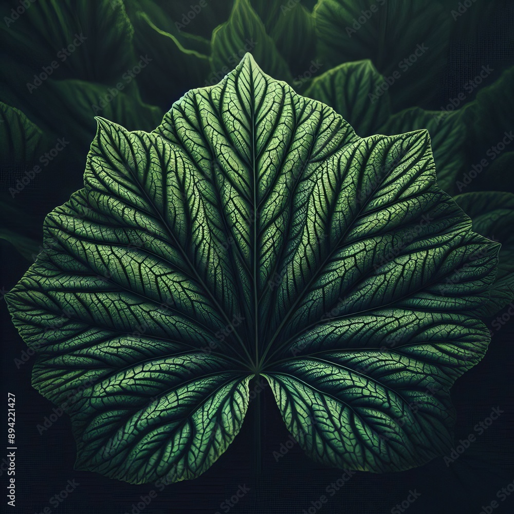 Poster botanical green leaf with a dappled pattern and subtle shading,