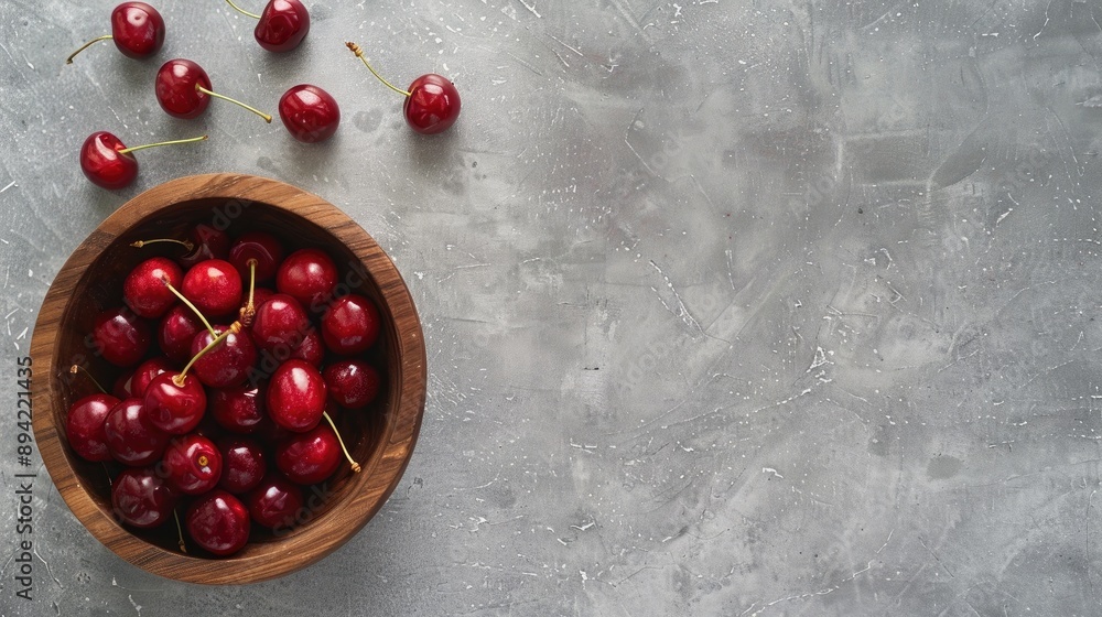 Sticker tiny homegrown red cherries in wooden bowl on grey surface with copy space