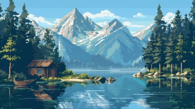 Pixel Art Serene Mountain Lake Scene for Game Background Featuring Cozy Cabin, Majestic Mountains, and Reflective Water