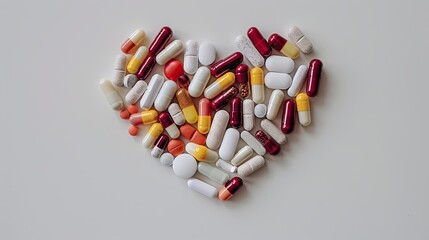 pills on a white background, pills forming heart shape, red, white, yellow pills