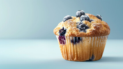Delicious Blueberry Muffin on a Light Blue Background, perfect for bakery promotions, dessert menus, and food photography campaigns
