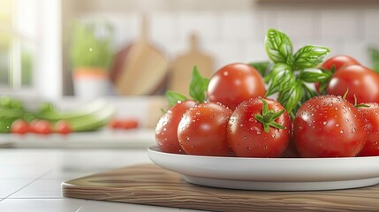 Fresh ripe tomatoes with basil on a white plate in a bright kitchen setting, ready for cooking or salad preparation.