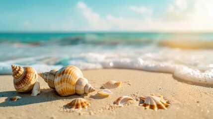 Obraz premium Close-up of seashells on a beach with waves washing over them, showcasing natural coastal beauty and serenity