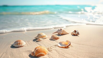Obraz premium Close-up of seashells on a beach with waves washing over them, showcasing natural coastal beauty and serenity