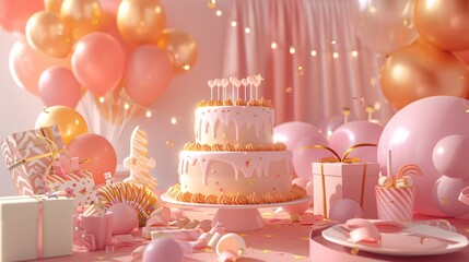 A birthday party setup with a cake gifts and decorations