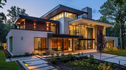 Fototapeta premium Modern Luxury Home Exterior at Dusk