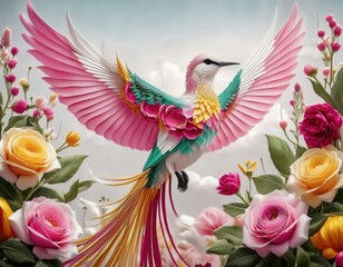 Obraz premium Enchanted Garden: A Surreal Art Collage of Birds and Roses