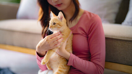 Obraz premium happy asian woman petting with lovely pet kitten ginger cat at home