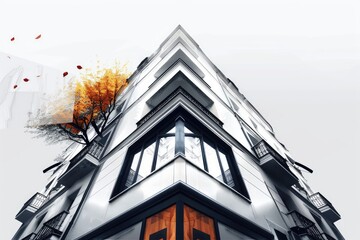 A modern building with a large window and a balcony against a bright white sky