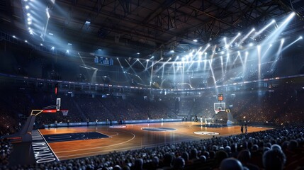 Grand basketball arena in the dark spot light. 