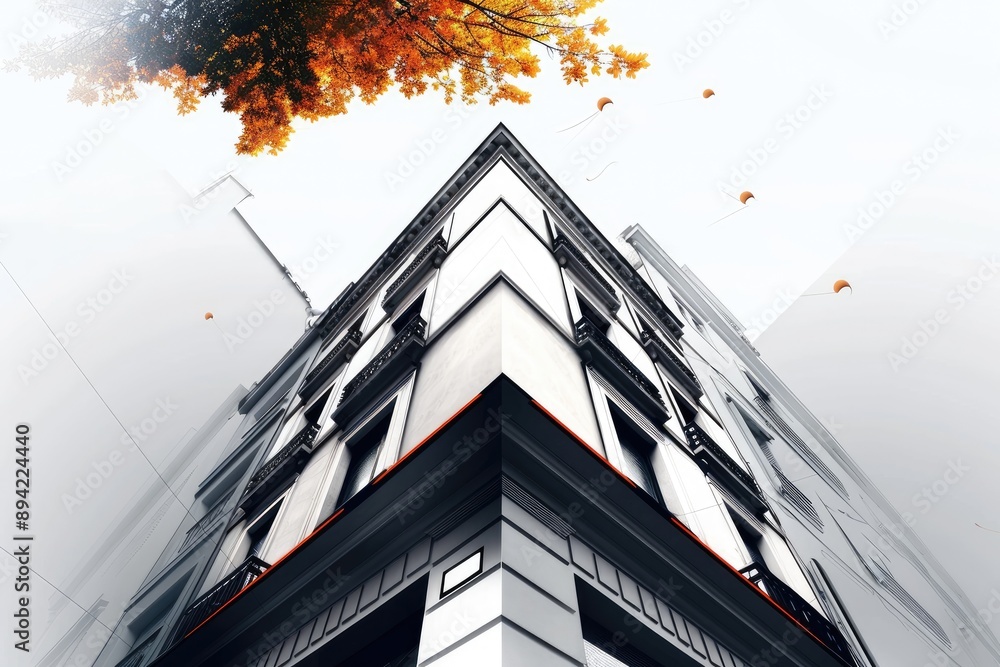 Sticker A modern building with a large window and a balcony against a bright white sky