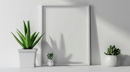 White frame mockup with aloe vera on shelf or desk.