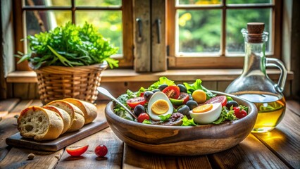 Ensalada francesa en un cuenco de madera junto a una ventana, con pan fresco y una botella de aceite de oliva. Cocina francesa.
